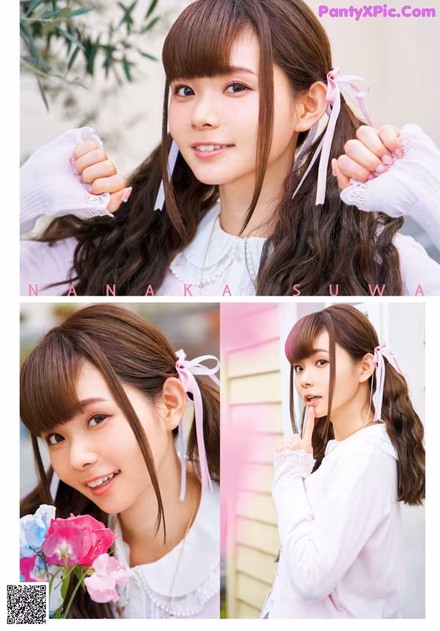 A collage of photos of a young woman with long brown hair.