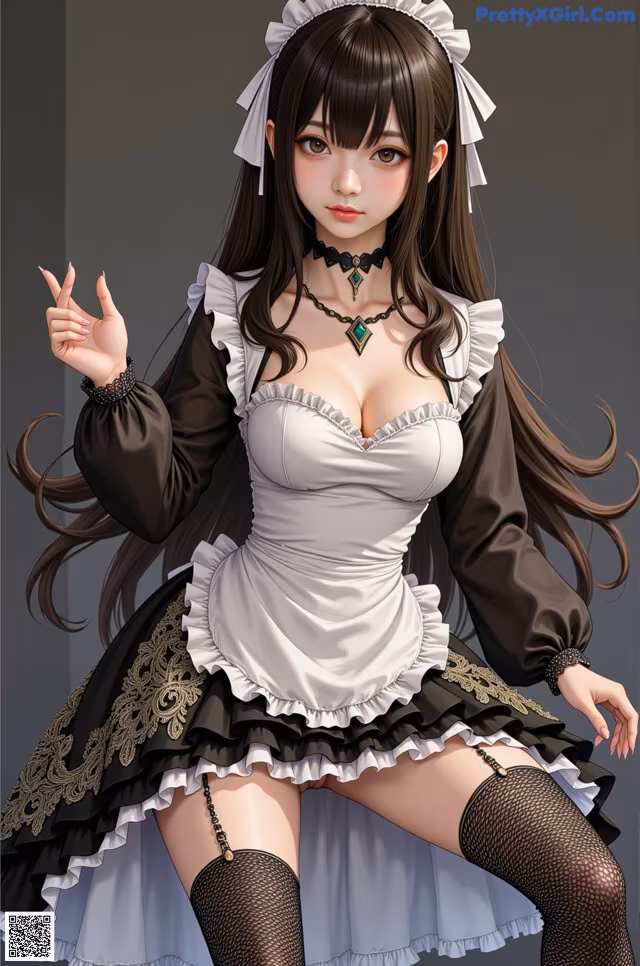 A woman in a maid outfit posing for a picture.
