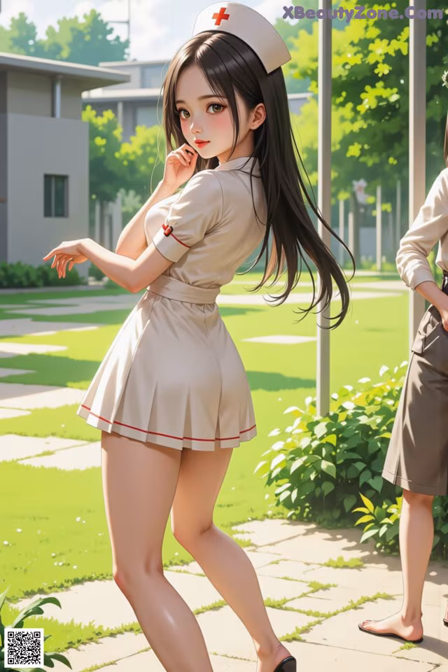 A woman in a nurse uniform talking on a cell phone.