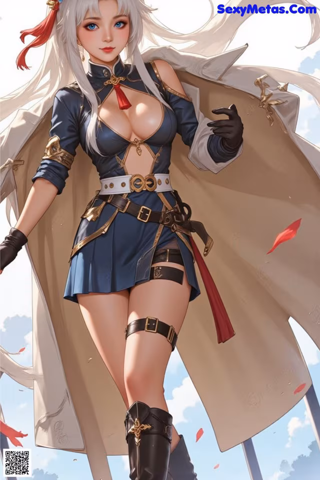 A woman in a blue dress and black gloves holding a sword.