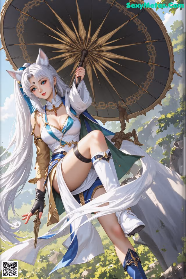 A woman in a white dress holding an umbrella.