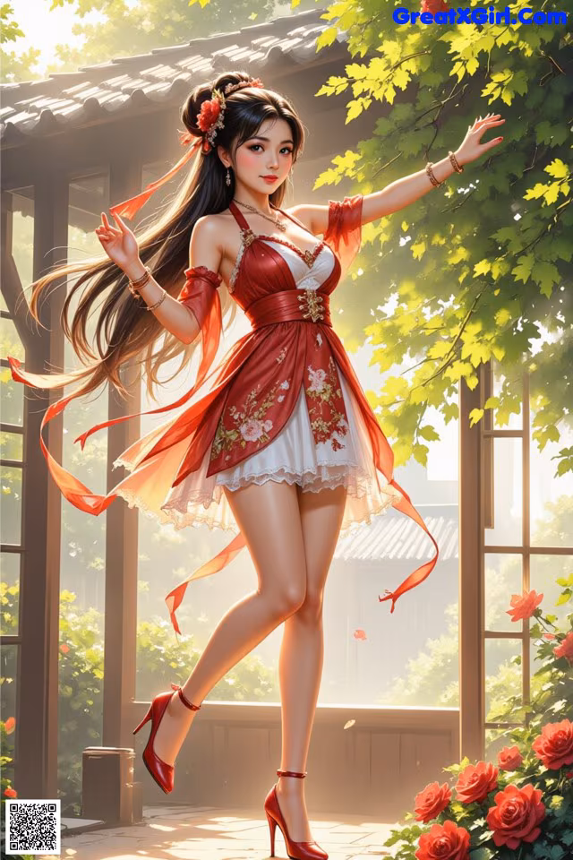 A woman in a red and white dress is dancing in a garden.