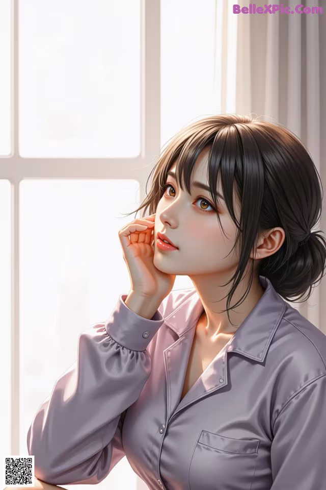 A woman in a purple shirt sitting by a window.