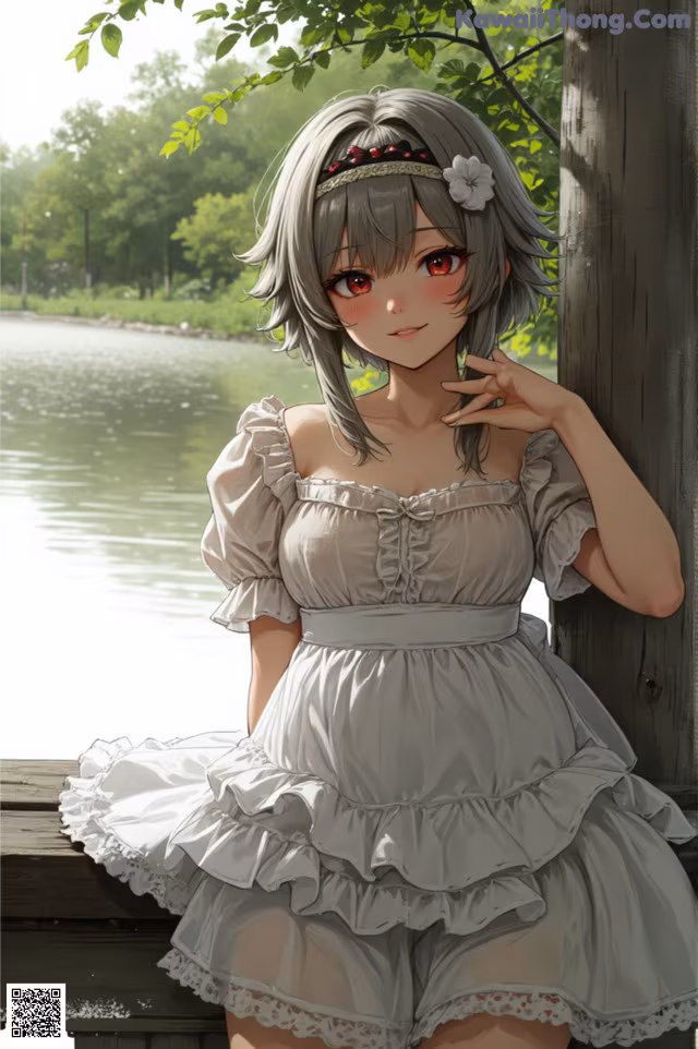 A girl in a white dress leaning against a wooden fence.