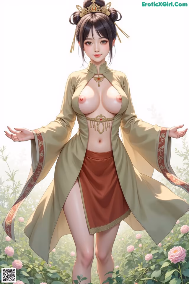 A woman in a chinese dress standing in a field of flowers.