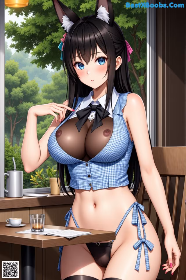 A woman in a blue and white dress sitting at a table.