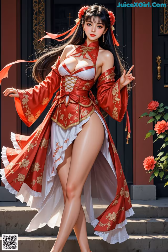 A woman in a red and white dress is posing for a picture.