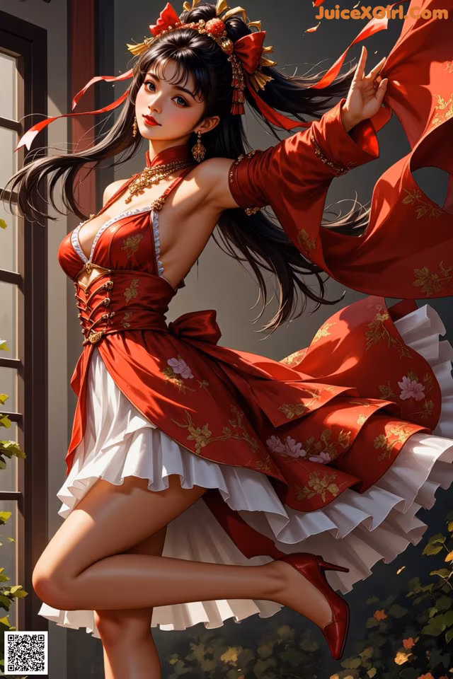 A woman in a red and white dress is dancing.