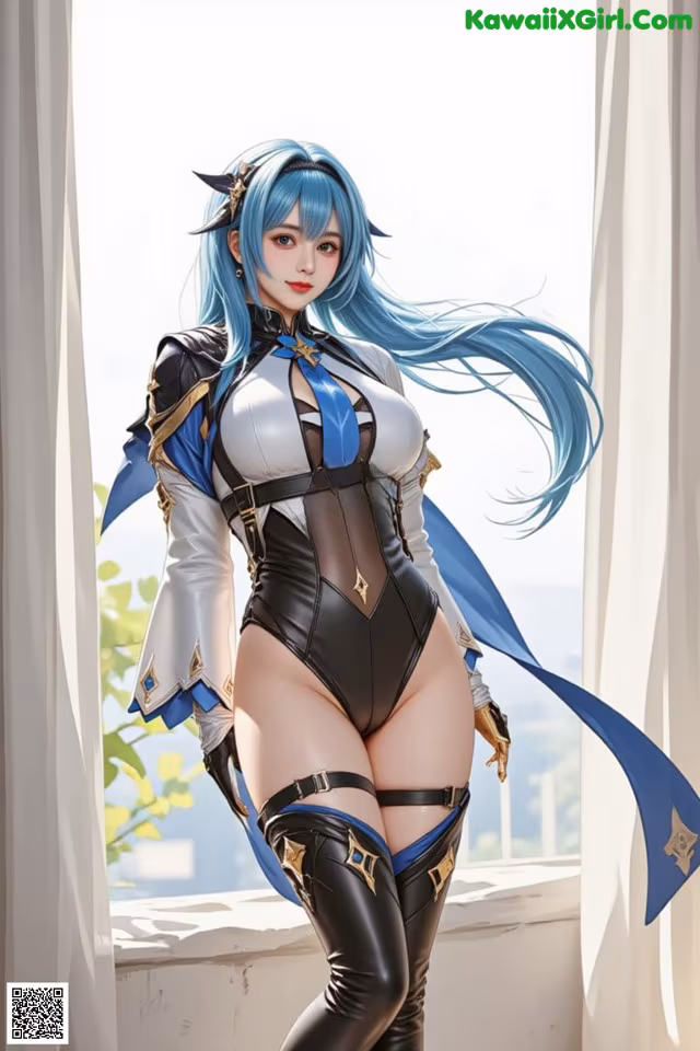 A woman with long blue hair wearing a black and white outfit.