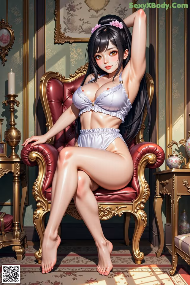 A woman sitting on a red chair in a room.