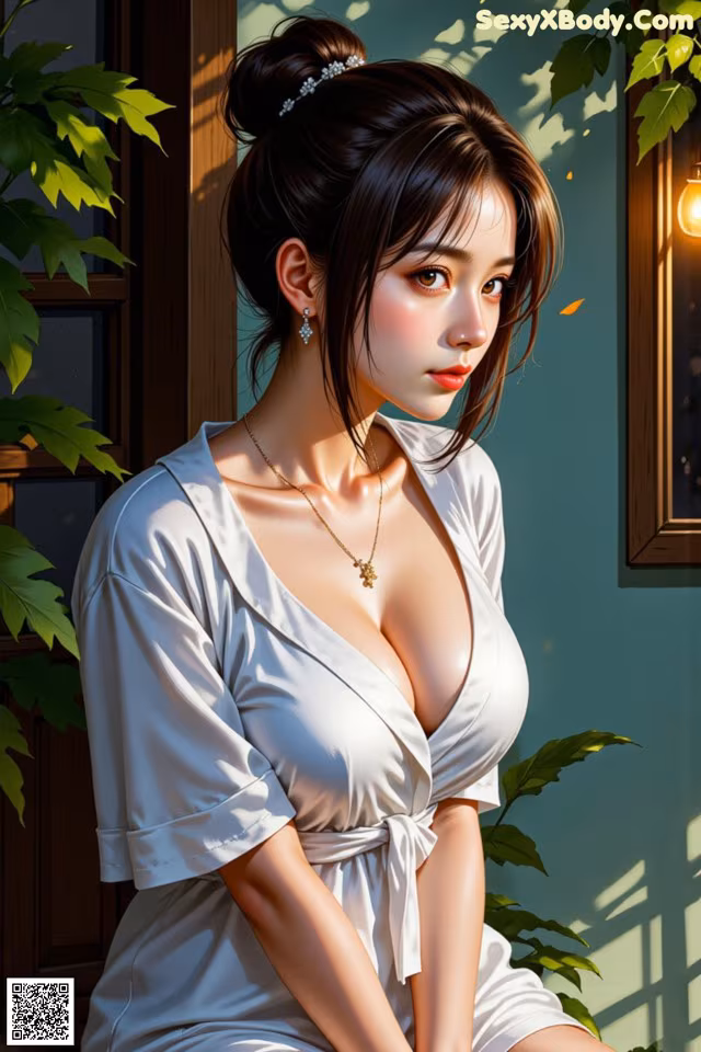 A woman in a white dress sitting on a window sill.
