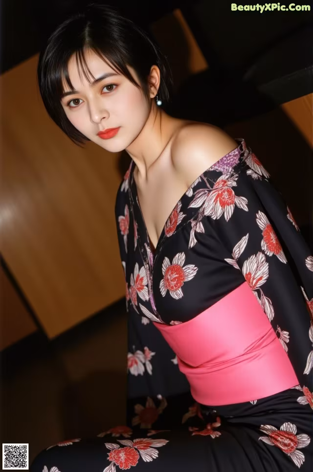 A woman in a black and pink kimono posing for a picture.