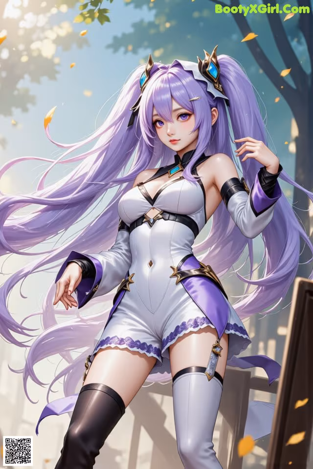 A woman with long purple hair wearing a white and purple outfit.