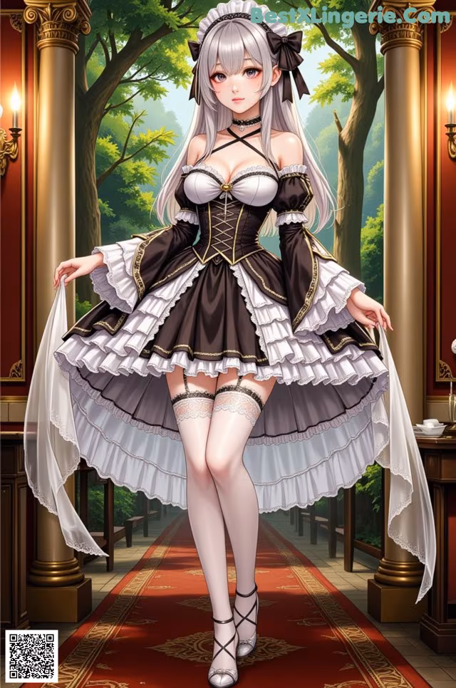 A woman in a maid outfit standing on a red carpet.