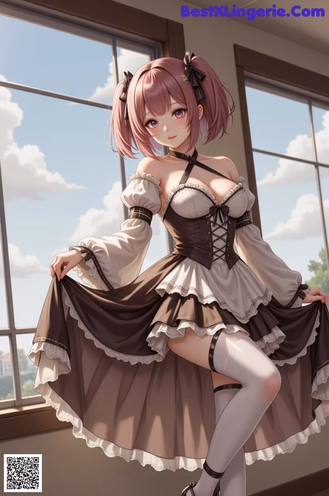 A woman in a maid outfit posing in front of a window.