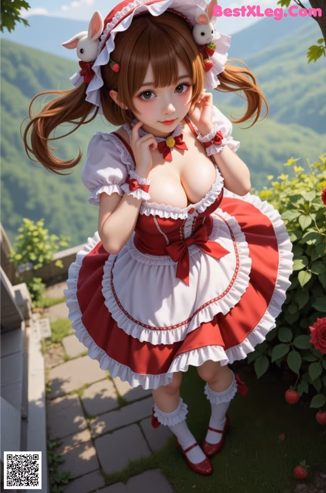 A woman in a red and white dress and a bunny hat.