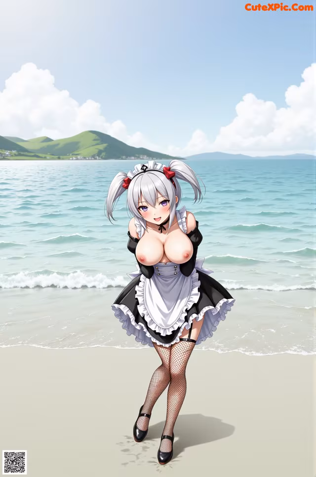A woman in a maid outfit standing on a beach.