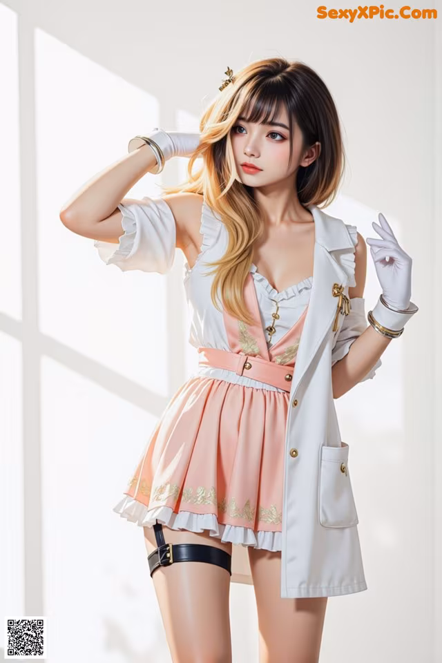 A woman in a pink dress and white coat posing for a picture.